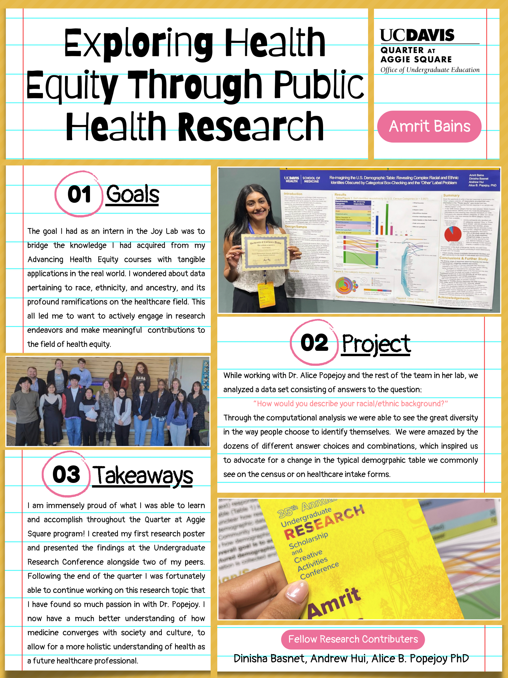 Project poster by Amrit Bains on exploring health equity through public health research. It features goals of a project for examining how to think about race/ethnicity data and takeaways through the research poster on the subject on how a more holstic approach can help with health equity.