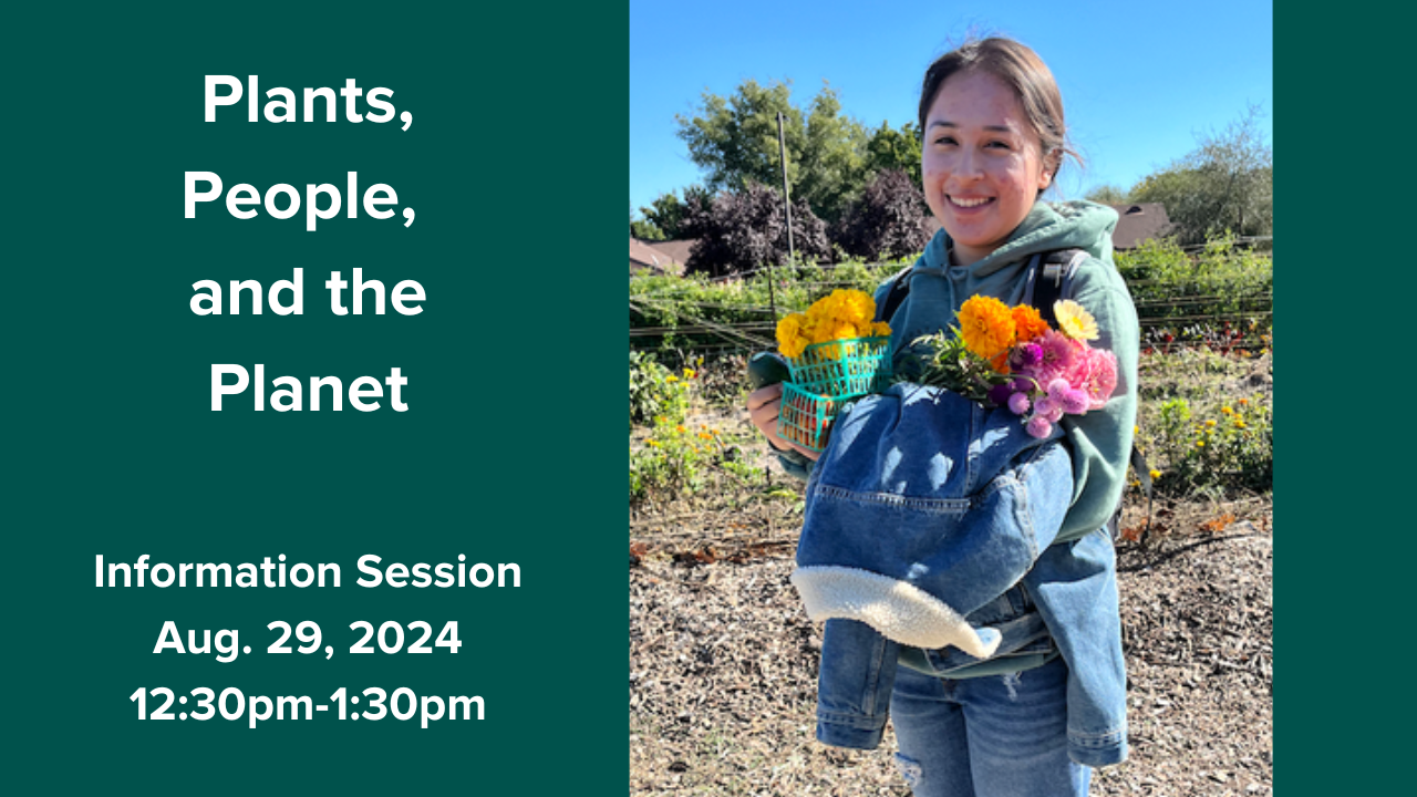 B'Elanna Pho holding plants from her internship with info session information.