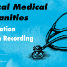 Blue background with a medical device with information on the recording session