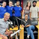 Mark Haney sits in a radio studio surrounded by several Square Solutions founders, students and entrepreneurs Henry Yu, Dillon Hill, Akshaj Raghavi, Sophie Bloyd, Harjn Bains and Deesha Patel. 