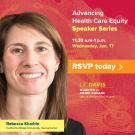 Rebecca has a profile photo against a red backdrop with yellow imprint and the information for the event listed to the right.